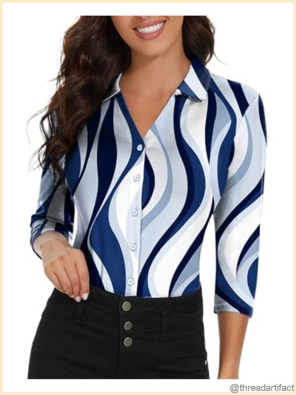 Womens 3/4 Sleeve Button Down V Neck Collared Polo Shirt Work Blouse